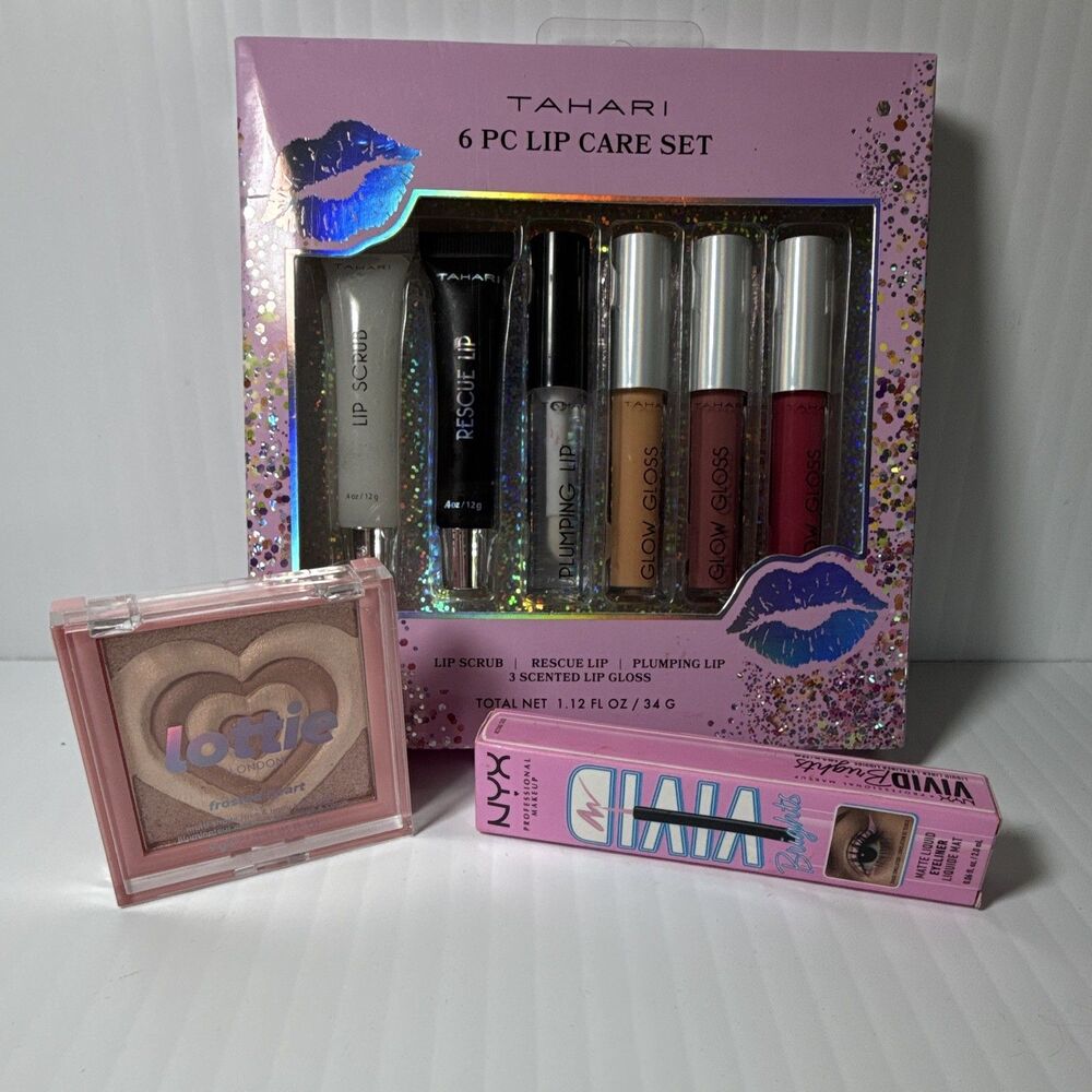 Tahari 6pc Lip Care Set, NYX Vivid Brights Matte Liner, Lottie Highlighter